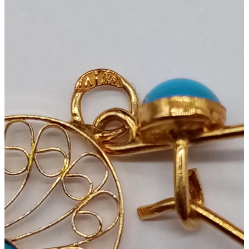 851 - Pair of Yellow Gold and Turquoise EARRINGS.   2.3g   4.5cm drop