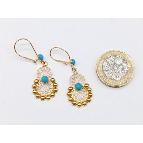 851 - Pair of Yellow Gold and Turquoise EARRINGS.   2.3g   4.5cm drop