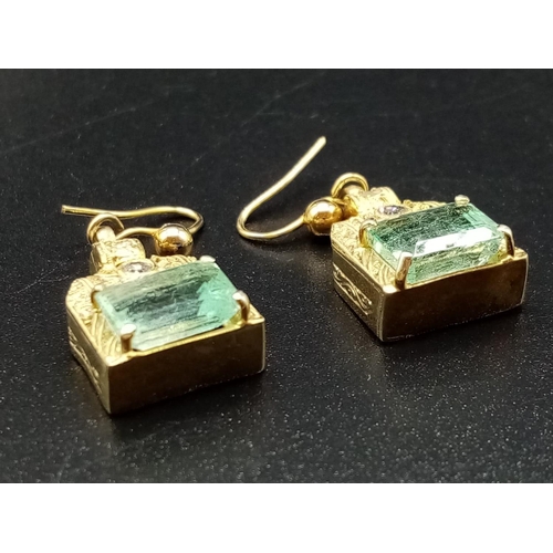 522 - Pair of Yellow Gold with Emerald DROP EARRINGS in Eastern Style.  4.8g   2.5cm drop.