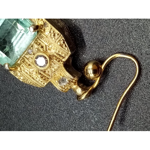 522 - Pair of Yellow Gold with Emerald DROP EARRINGS in Eastern Style.  4.8g   2.5cm drop.