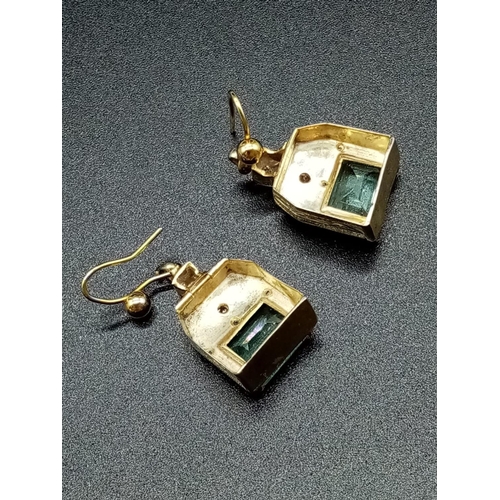 522 - Pair of Yellow Gold with Emerald DROP EARRINGS in Eastern Style.  4.8g   2.5cm drop.