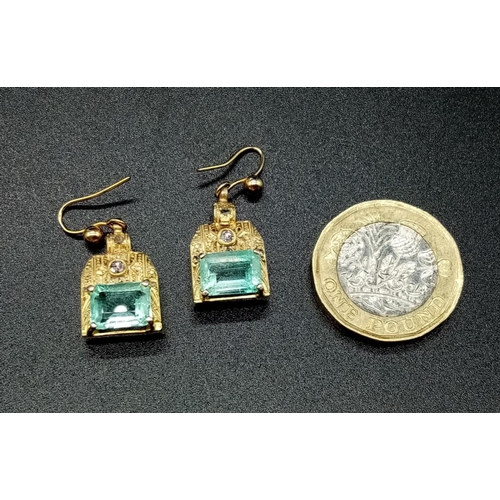 522 - Pair of Yellow Gold with Emerald DROP EARRINGS in Eastern Style.  4.8g   2.5cm drop.