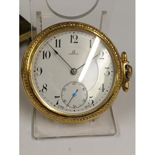 19 - Vintage gold plate omega pocket watch & stand working but sold with no guarantees