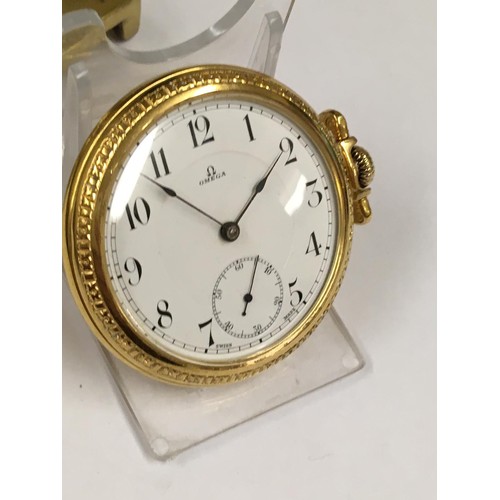 19 - Vintage gold plate omega pocket watch & stand working but sold with no guarantees