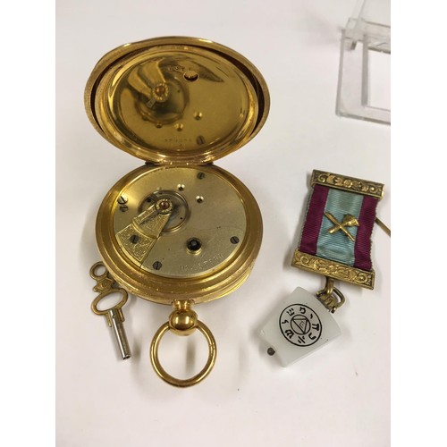 33 - Antique 19th century yellow metal Masonic memento mori pocket watch & Masonic jewel (Working)