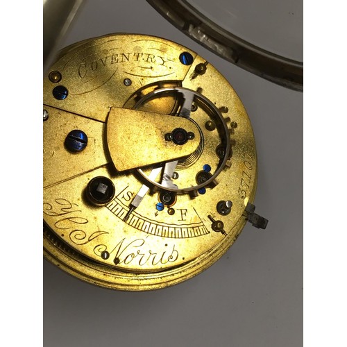 142 - Antique silver lever pocket watch ( Coventry ). Ticks if shaken but no key . Sold with no guarantees