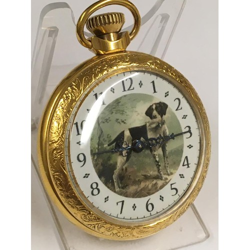 546 - Vintage pocket watch hunting dog scene on case and dial , working but sold with no guarantees