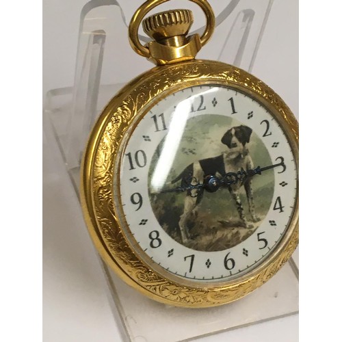 546 - Vintage pocket watch hunting dog scene on case and dial , working but sold with no guarantees