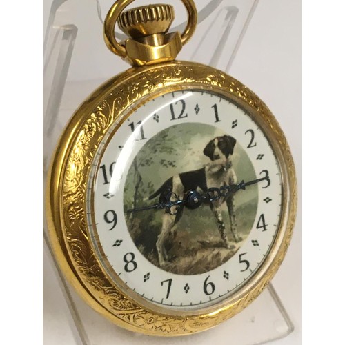 546 - Vintage pocket watch hunting dog scene on case and dial , working but sold with no guarantees