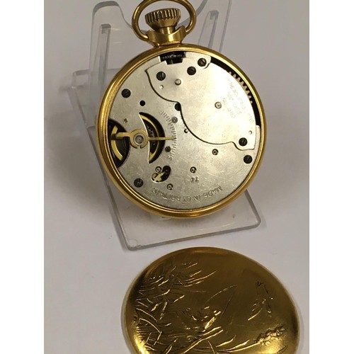 546 - Vintage pocket watch hunting dog scene on case and dial , working but sold with no guarantees