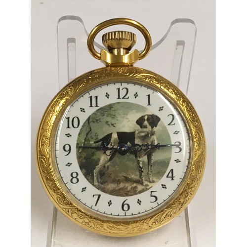 546 - Vintage pocket watch hunting dog scene on case and dial , working but sold with no guarantees