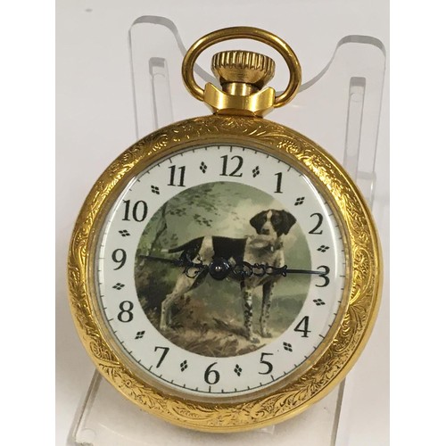 546 - Vintage pocket watch hunting dog scene on case and dial , working but sold with no guarantees