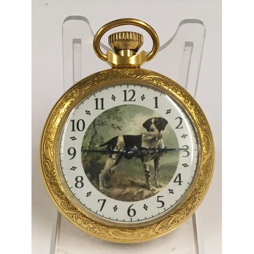 546 - Vintage pocket watch hunting dog scene on case and dial , working but sold with no guarantees