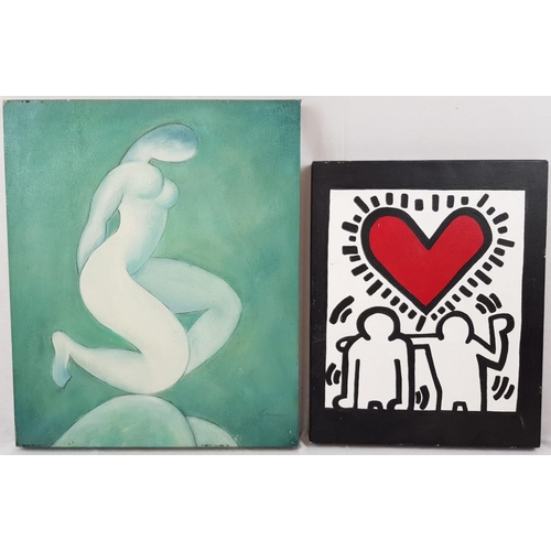 917 - An Eclectic Pair of Oil on Canvas. A Nude (signed LEON) and a Heart painting (KEITH HARING style). S... 