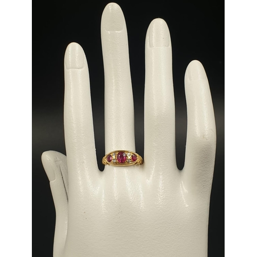 313 - 18CT YELLOW GOLD ANTIQUE RUBY AND DIAMOND RING, WEIGHT 3.8G AND SIZE N