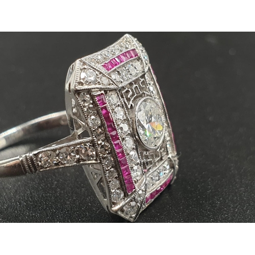 47 - Art deco platinum filigree diamond ring with approx 0.75 ct of old cut diamonds with calibre Burmese... 