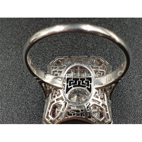 47 - Art deco platinum filigree diamond ring with approx 0.75 ct of old cut diamonds with calibre Burmese... 