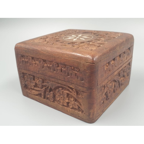 965 - Hand Carved Indian Wooden Box with Two Metal Meditation Balls. 10 x 10cm