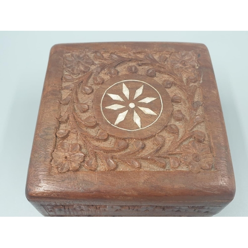 965 - Hand Carved Indian Wooden Box with Two Metal Meditation Balls. 10 x 10cm