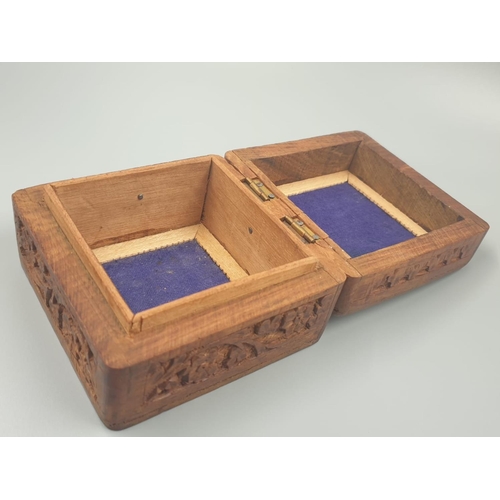 965 - Hand Carved Indian Wooden Box with Two Metal Meditation Balls. 10 x 10cm