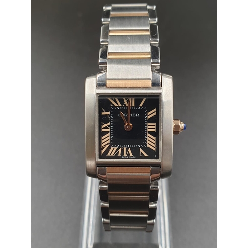 118 - A CARTIER TANK STYLE WATCH WITH BI-COLOURED STAINLESS STEEL STRAP, BLACK FACE WITH ROSE GOLD COLOURE... 
