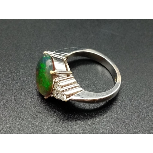 178 - 18ct white gold opal ring, 10x12mm opal centre and diamonds on shoulders, weight 10g and size N1/2
