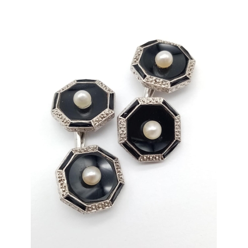 179 - Art deco styled pearl and black onyx platinum cufflinks, weight 11.9g