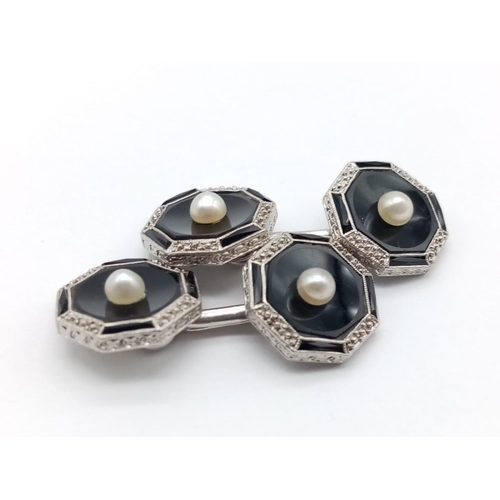 179 - Art deco styled pearl and black onyx platinum cufflinks, weight 11.9g