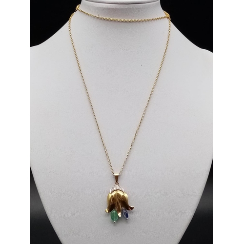 307 - 9ct yellow gold Sapphire and emerald with diamonds pendant on 9ct gold chain, weight 5g and 63cm lon... 