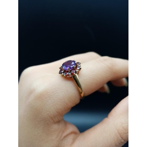 328 - 9ct yellow gold garnet and amethyst ring, weight 2.88g and size P