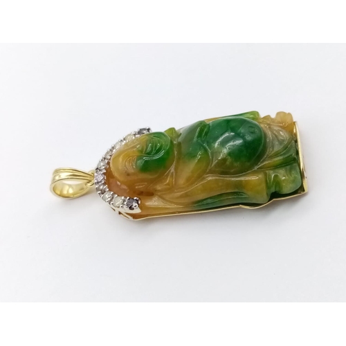 408 - Large Buddha pendant with fancy coloured diamonds, weight 16.9g and 5.5cm drop