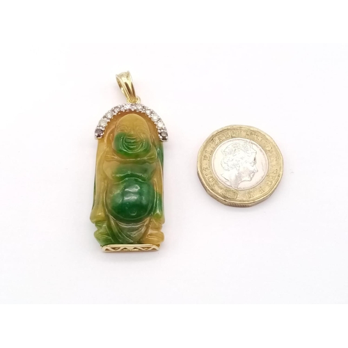 408 - Large Buddha pendant with fancy coloured diamonds, weight 16.9g and 5.5cm drop