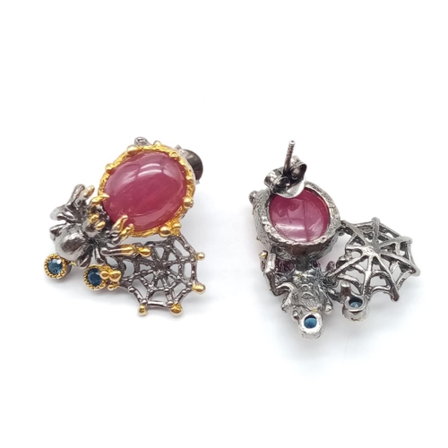 614 - Pair of silver ruby earrings in shape of Spider and web, weight 15g