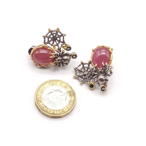 614 - Pair of silver ruby earrings in shape of Spider and web, weight 15g