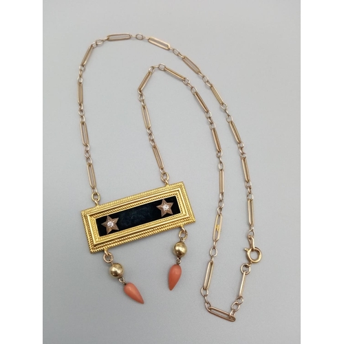 618 - Vintage Diamond and tear drop coral pendant set in yellow gold. weight 13.67g  42cm long approx