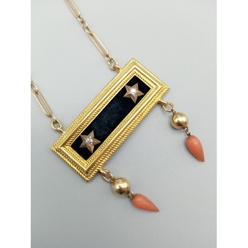 618 - Vintage Diamond and tear drop coral pendant set in yellow gold. weight 13.67g  42cm long approx