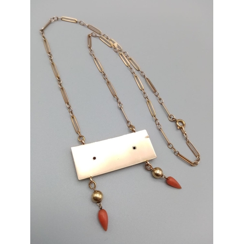 618 - Vintage Diamond and tear drop coral pendant set in yellow gold. weight 13.67g  42cm long approx