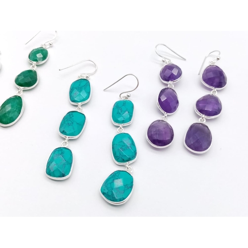 257 - A collection of 3 pair of earrings in dangler style, emeralds, amethyst and simulated turquoise