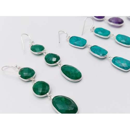 257 - A collection of 3 pair of earrings in dangler style, emeralds, amethyst and simulated turquoise