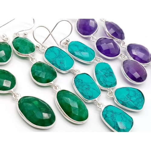 257 - A collection of 3 pair of earrings in dangler style, emeralds, amethyst and simulated turquoise