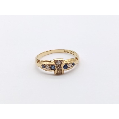 357 - 18CT YELLOW GOLD DIAMOND AND SAPPHIRE RING , WEIGHT 2.8G SIZE O