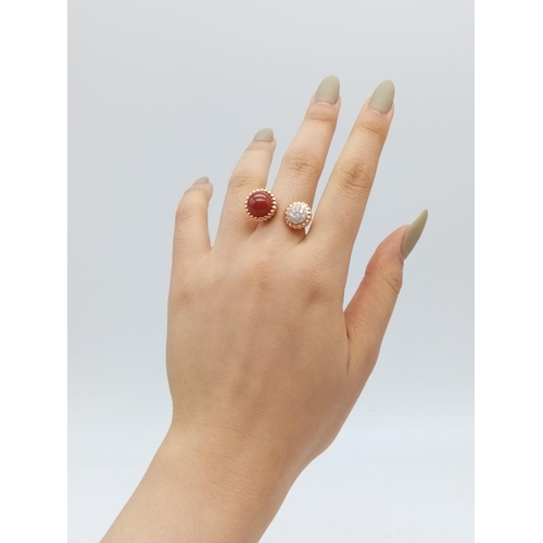 36 - AN UNUSUAL DOUBLE FACED DRESS RING IN 18CT ROSE GOLD WITH CARNELIAN AND DIAMONDS.
FITS ANY SIZE   9.... 