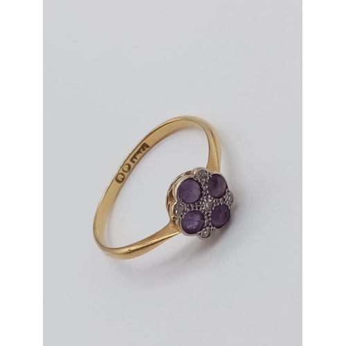 364 - 18CT YELLOW GOLD DIAMOND & AMETHYST CLUSTER RING, WEIGHT 2.3G SIZE S