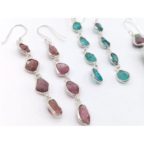 426 - A collection of 3 raw set of earrings Tourmaline, Ruby Ziosite, Blue Apetitie