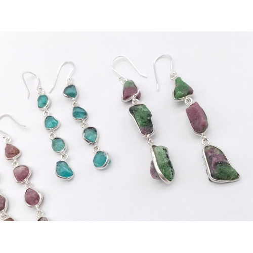 426 - A collection of 3 raw set of earrings Tourmaline, Ruby Ziosite, Blue Apetitie