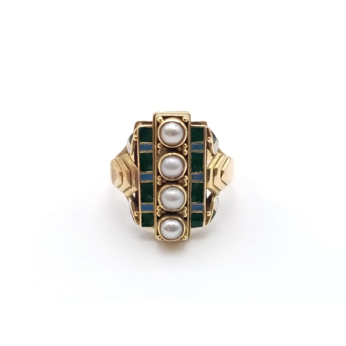 5 - 18CT YELLOW GOLD PEARL AND ENAMELED RING, WEIGHT 6.4G SIZE M