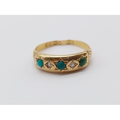 501 - 18CT YELLOW GOLD DIAMOND & TURQUOISE RING, WEIGHT 2.2G SIZE L