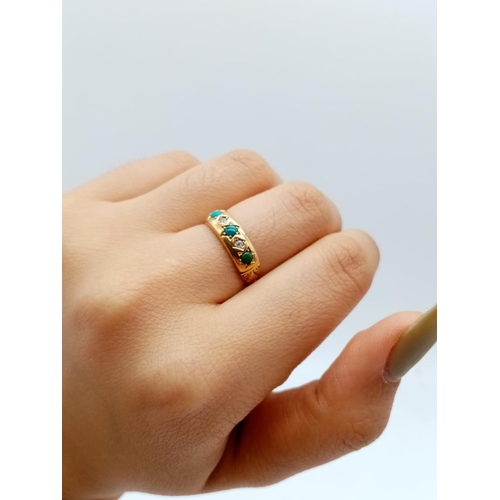 501 - 18CT YELLOW GOLD DIAMOND & TURQUOISE RING, WEIGHT 2.2G SIZE L