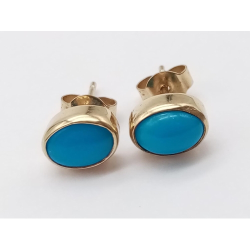 623 - 9ct yellow gold turquoise earrings , 1.2g