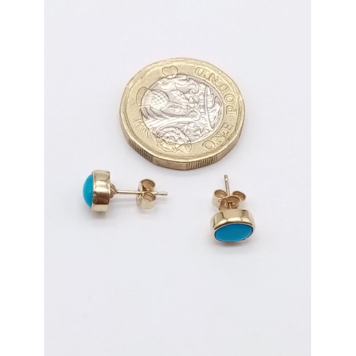 623 - 9ct yellow gold turquoise earrings , 1.2g